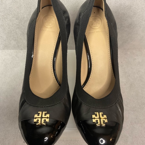 Tory Burch Caroline Wedge Ballet Black Leather- Size 8 - Picture 2 of 14